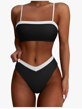 Contrast Trim Black Bandeau Bikini Set